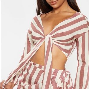 PrettyLittleThing Tan Stripe Tie Front Shirt SZ 2